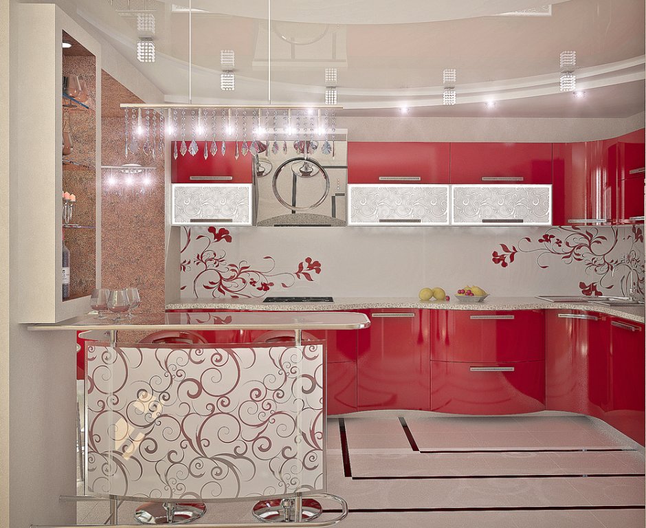 Красный кухонный гарнитур в интерьере