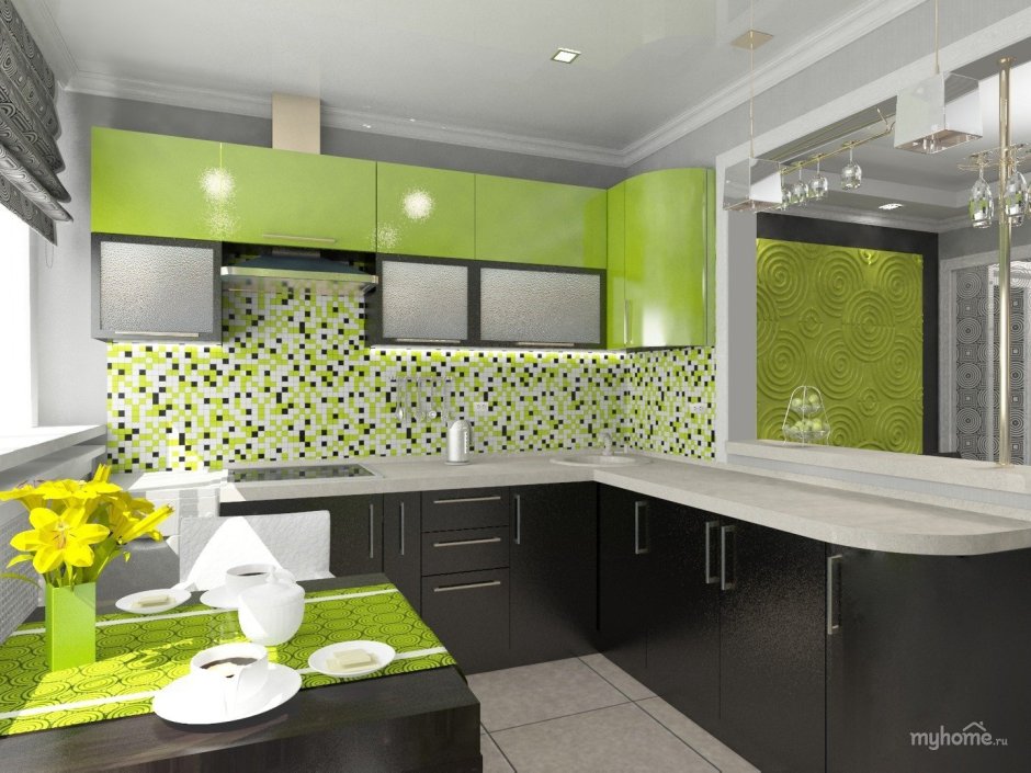 Дизайн кухни в зеленых тонах с чёрным потолком