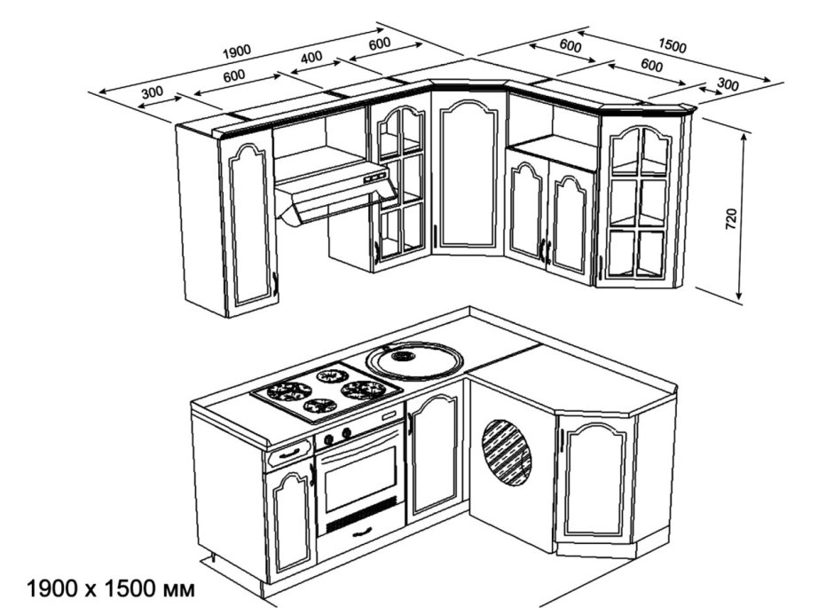 Двухуровневая кухня угловая чертеж