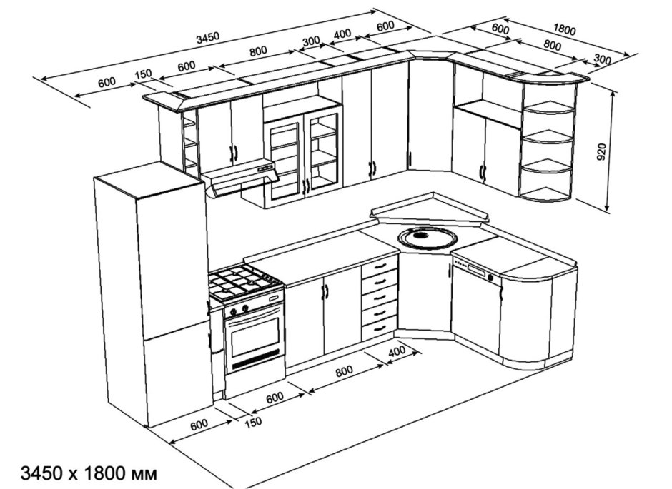 Угловая кухня 1800х1800 с размерами