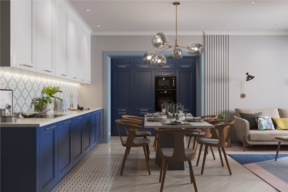 Синяя кухня гостиная