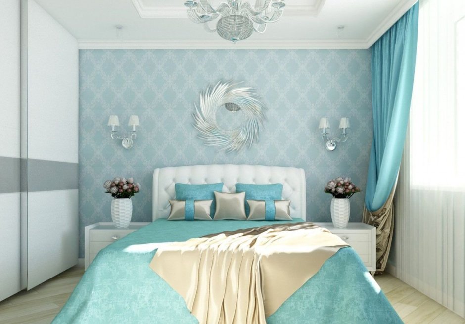 Спальня в бело бирюзовом цвете