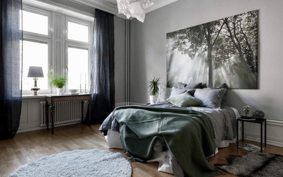 Серо зеленая спальня в скандинавском стиле