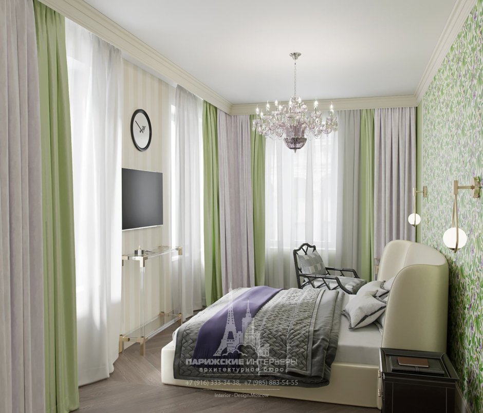 Спальня в светло зеленых тонах в современном стиле
