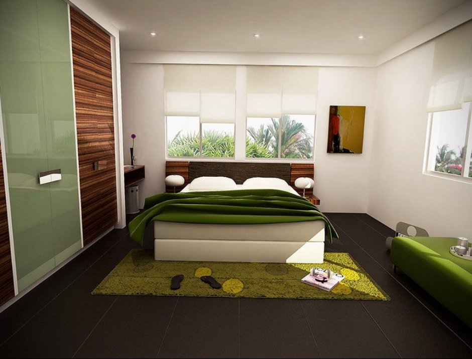 Спальня с зеленой кроватью (74 фото)