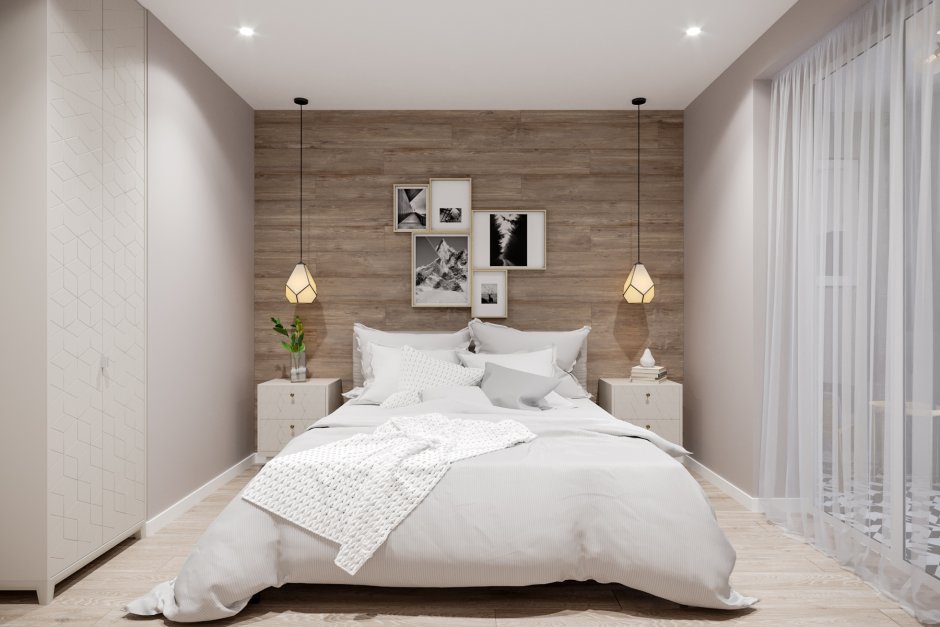 Спальня с ламинатом на стене Скандинавский стиль