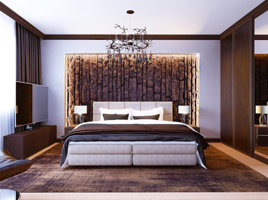 Спальня в современном стиле с коричневой мебелью
