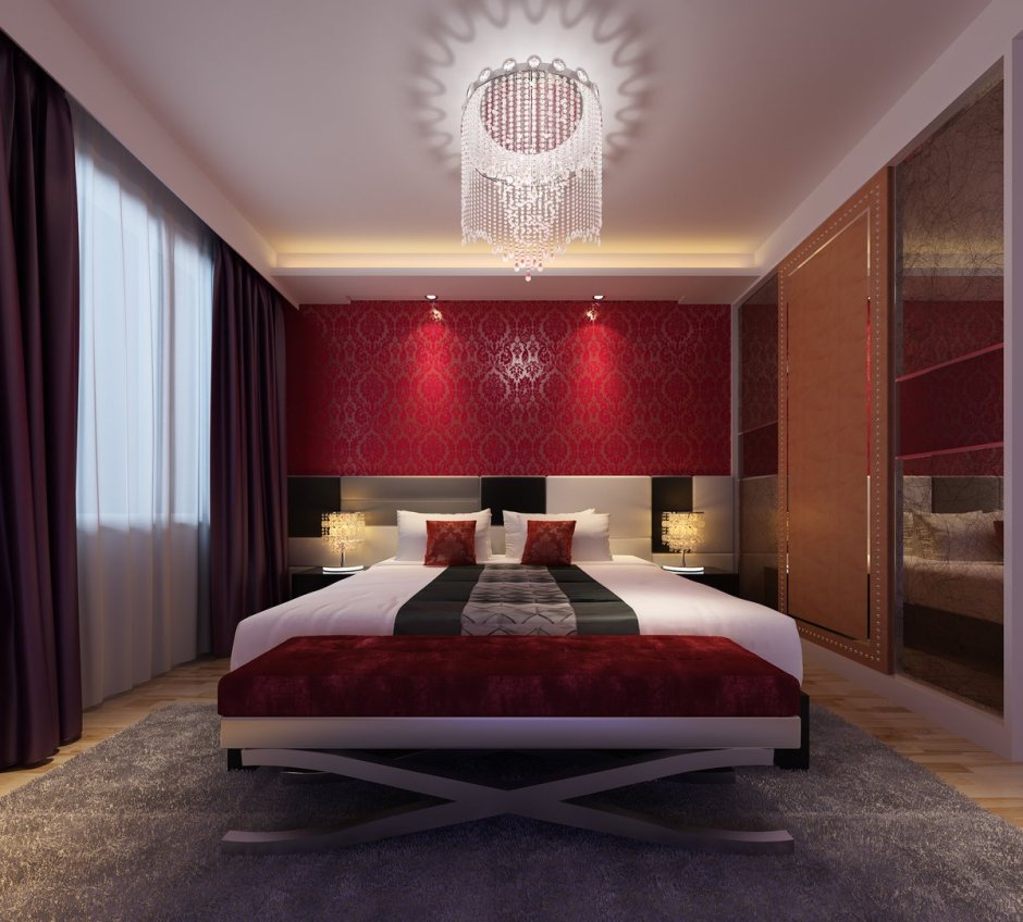 Дизайн спальни с красными обоями