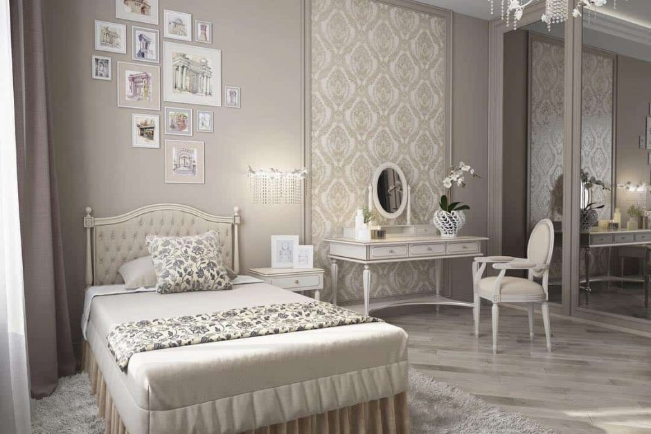 Спальня в классическом стиле в светлых тонах с вензелями