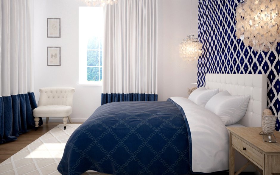 Синяя спальня с белой мебелью (54 фото)