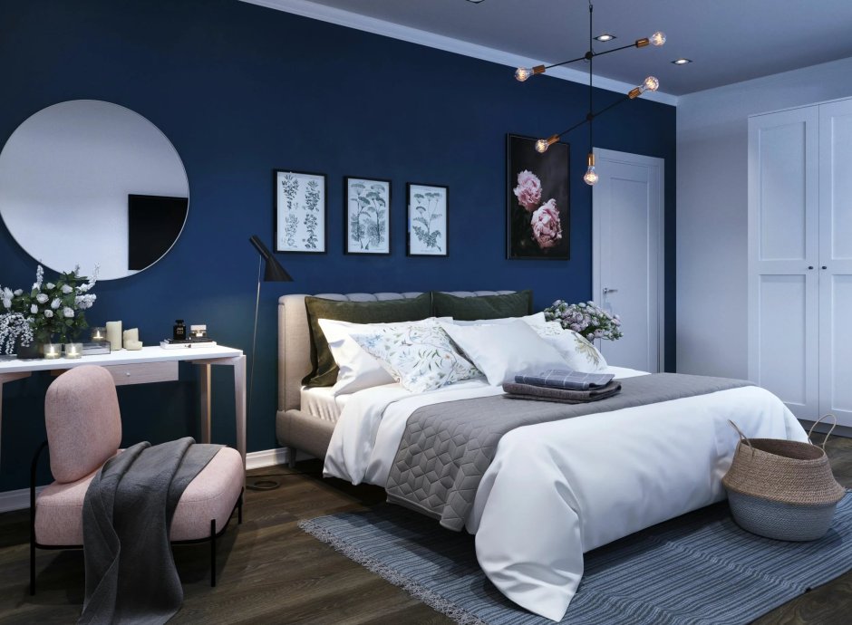 Синие шторы в интерьере спальни