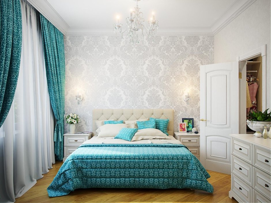 Спальня в серой бирюзовом цвете
