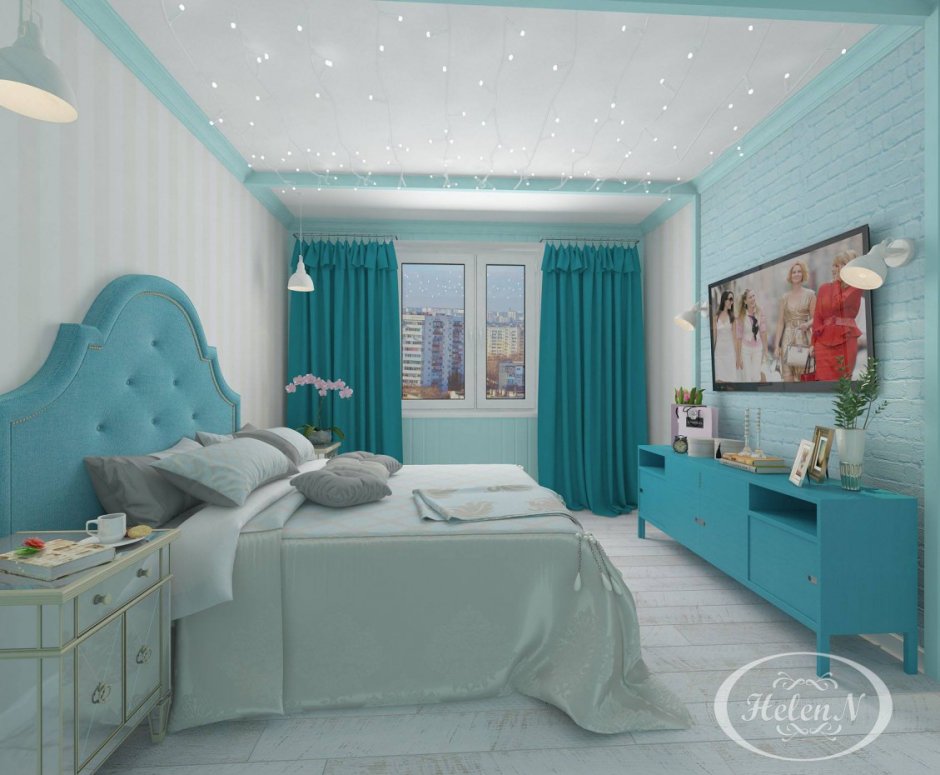 Голубые шторы в спальню в классическом стиле