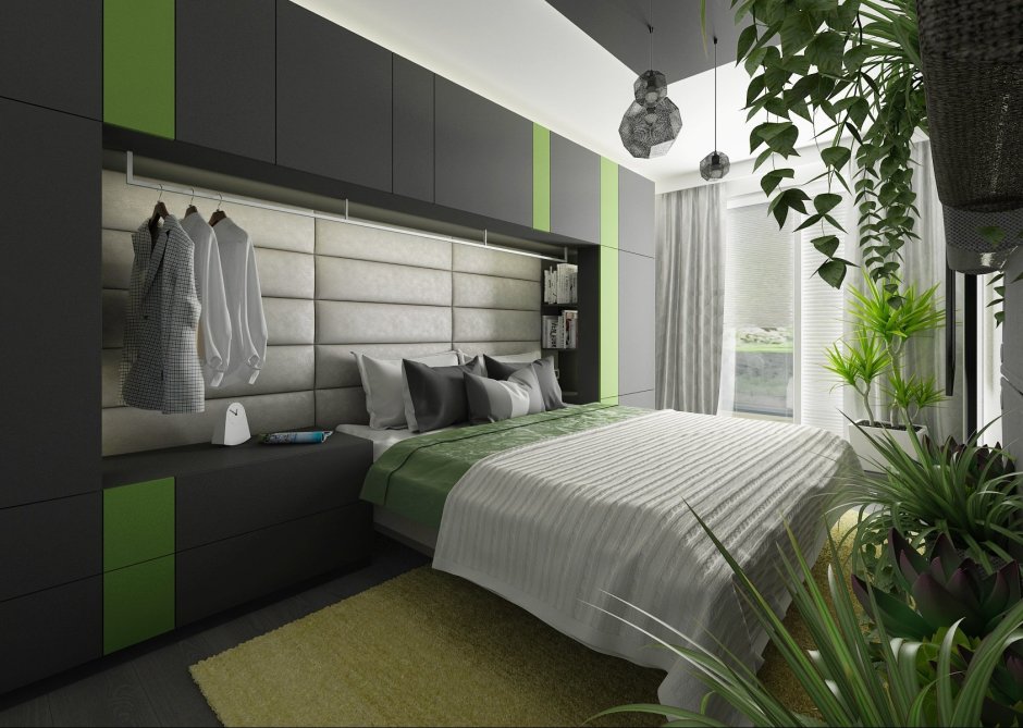Серо зеленая спальня в скандинавском стиле