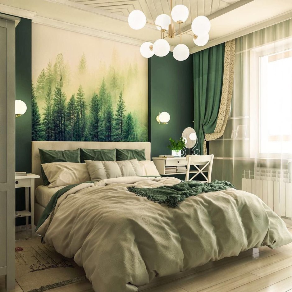 Спальнямс зелеными стенами