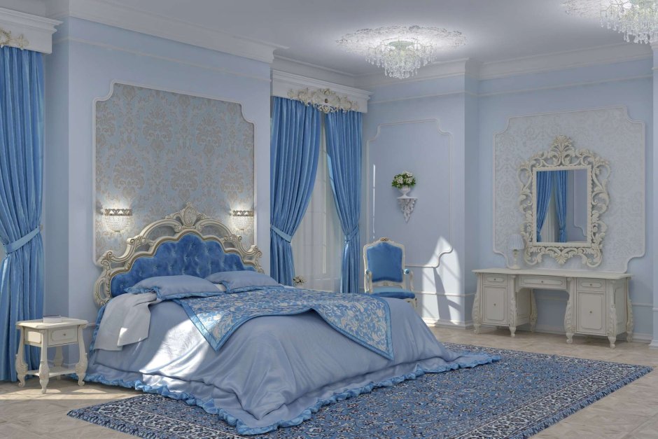 Спальни выполненные в голубых тонах