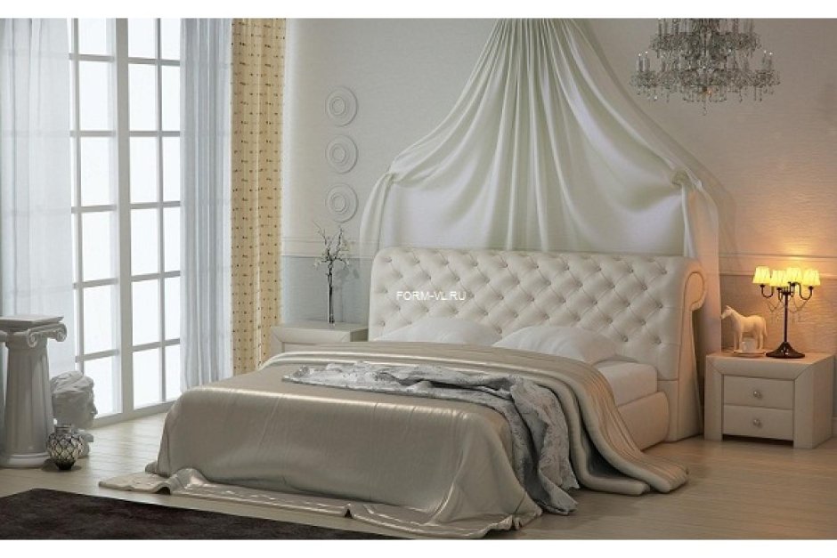 Белая кровать с каретной стяжкой