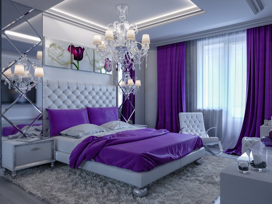Фиолетовые обои в спальне (74 фото)