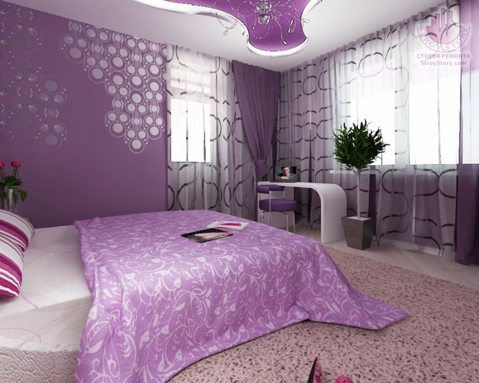 Пурпурный цвет в интерьере спальни