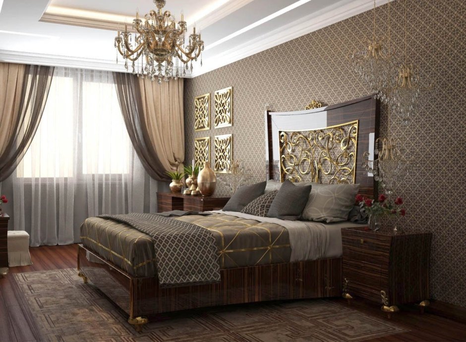 Спальня в классическом стиле коричневых тонов