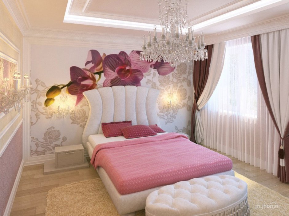 Интерьеры в спальне с розовыми розами
