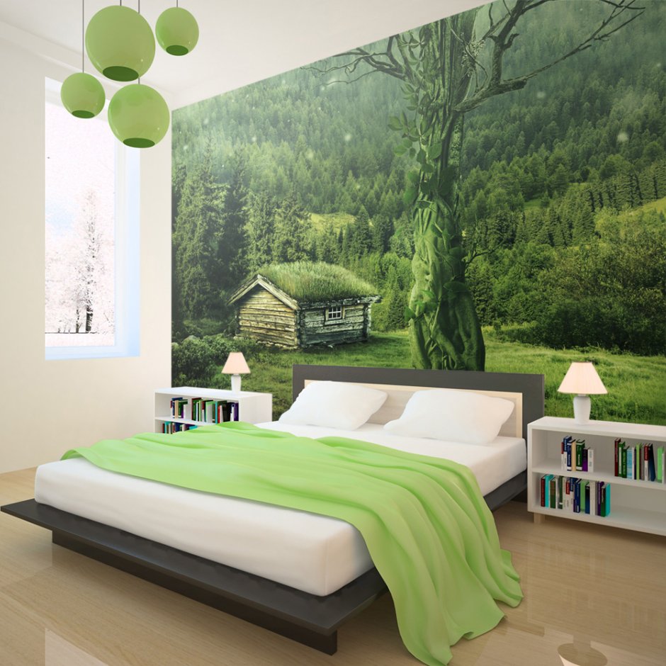 Бело зеленая спальня