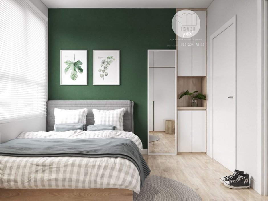 Спальня Сканди с зелёной кроватью