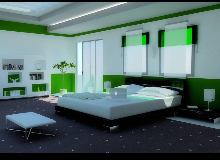 Зеленая стена черная кровать