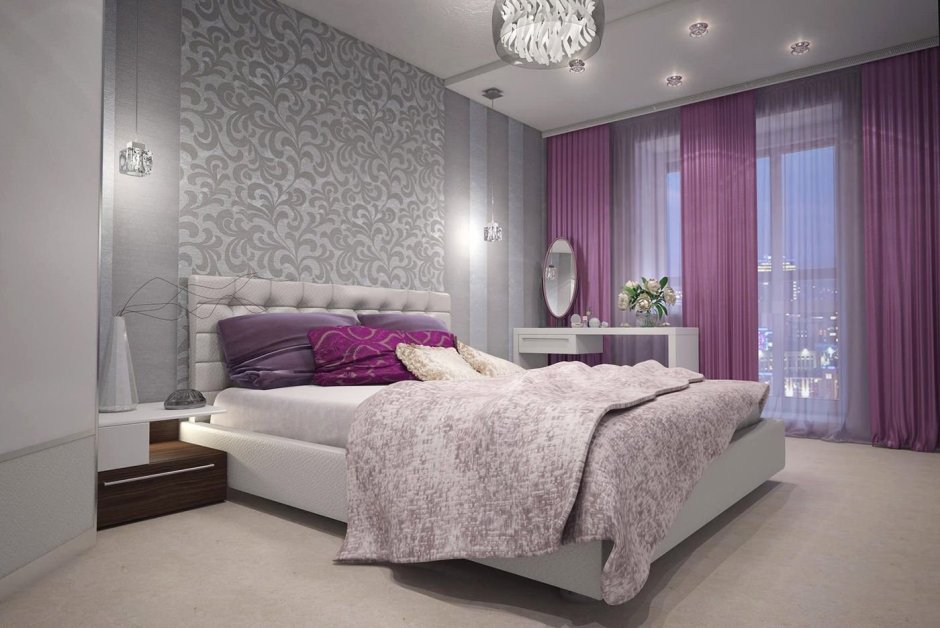 Нюдовые оттенки фиолетового в интерьере спальни