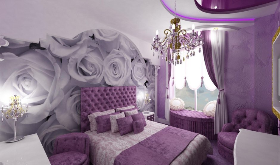 Спальня в розовых тонах с фотообоями