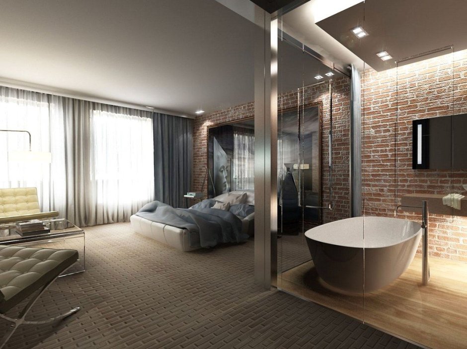 Спальня-ванная в стиле лофт