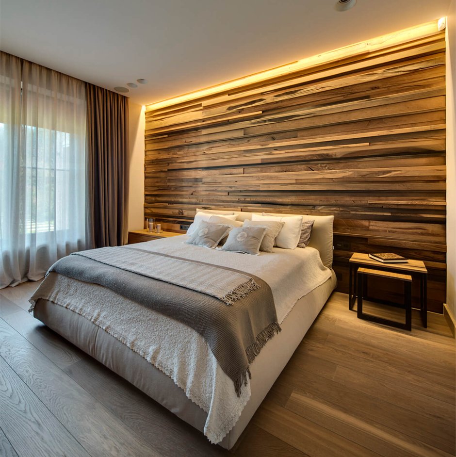Деревянные панели в спальне (71 фото)