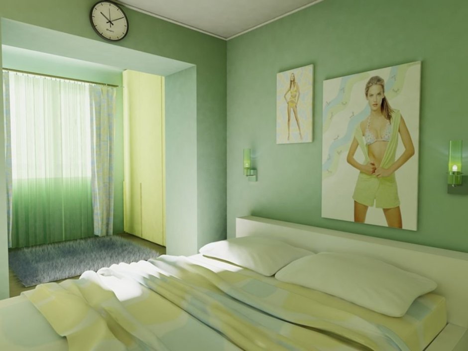 Интерьер зелёный экостиль спальня