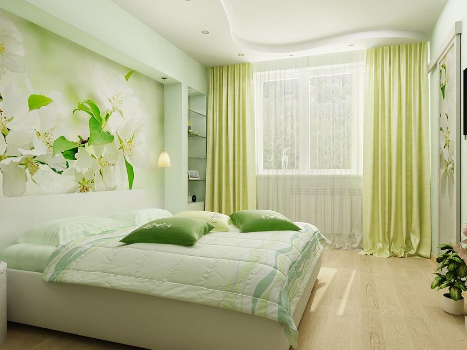 Спальня в салатовом цвете с разными обоями