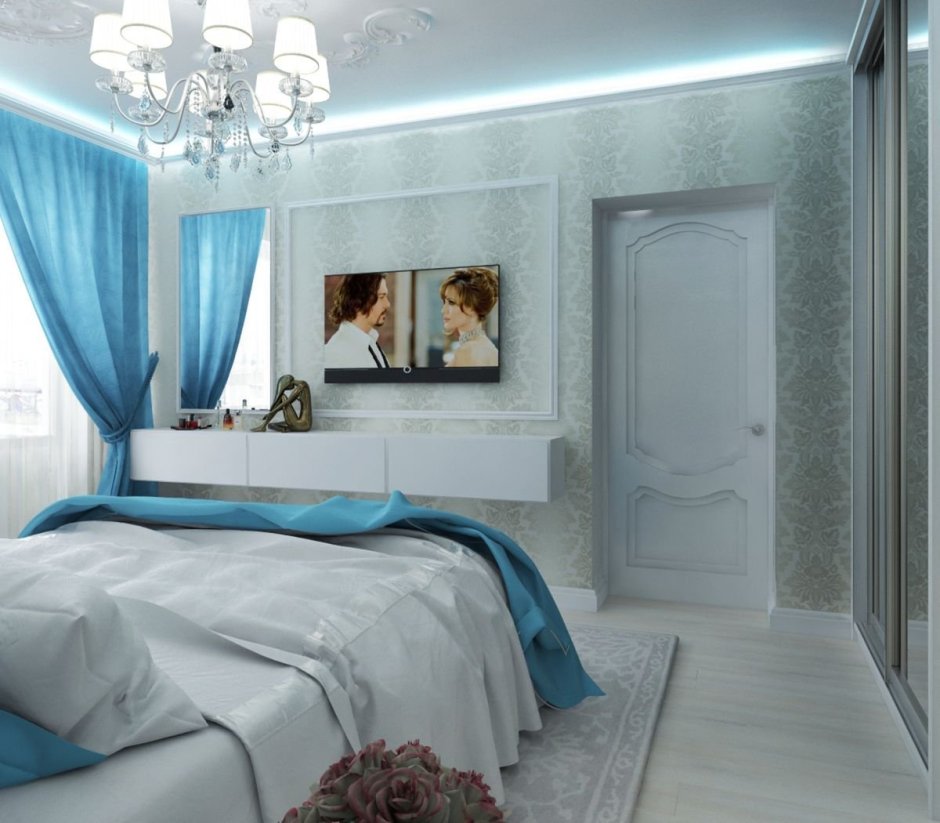 Спальня в греческом стиле бело-голубая