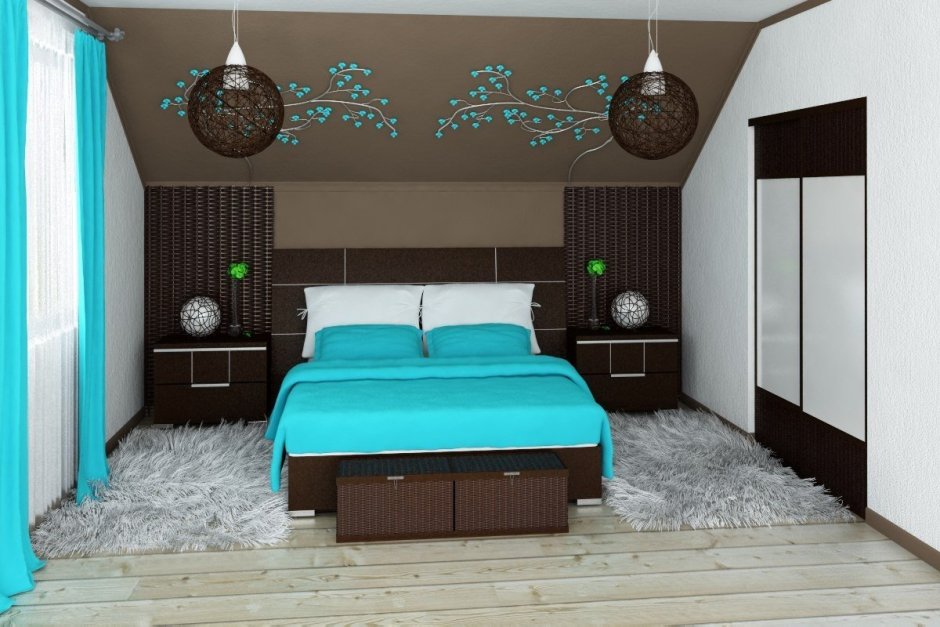 Спальня в коричнево бирюзовом цвете
