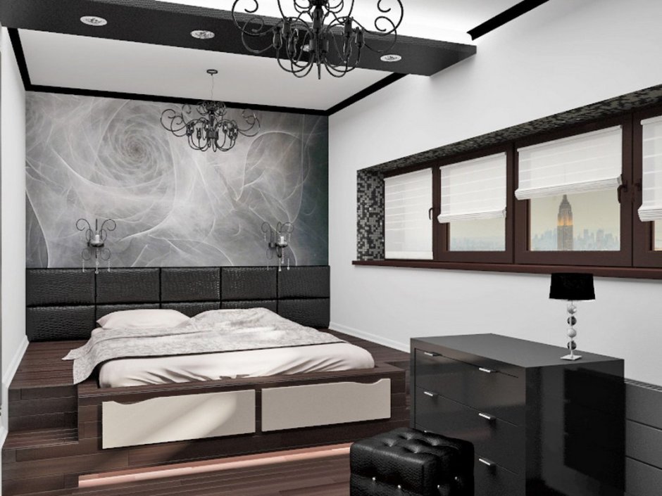 Спальня белая с коричневыми элементами