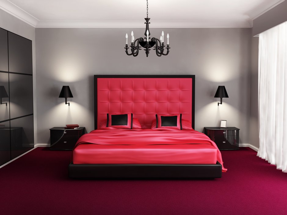 Красный натяжной потолок в спальне