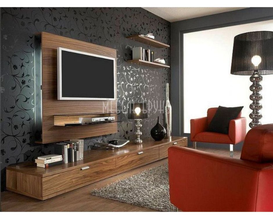 Дизайн стены в гостиной с телевизором (71 фото)
