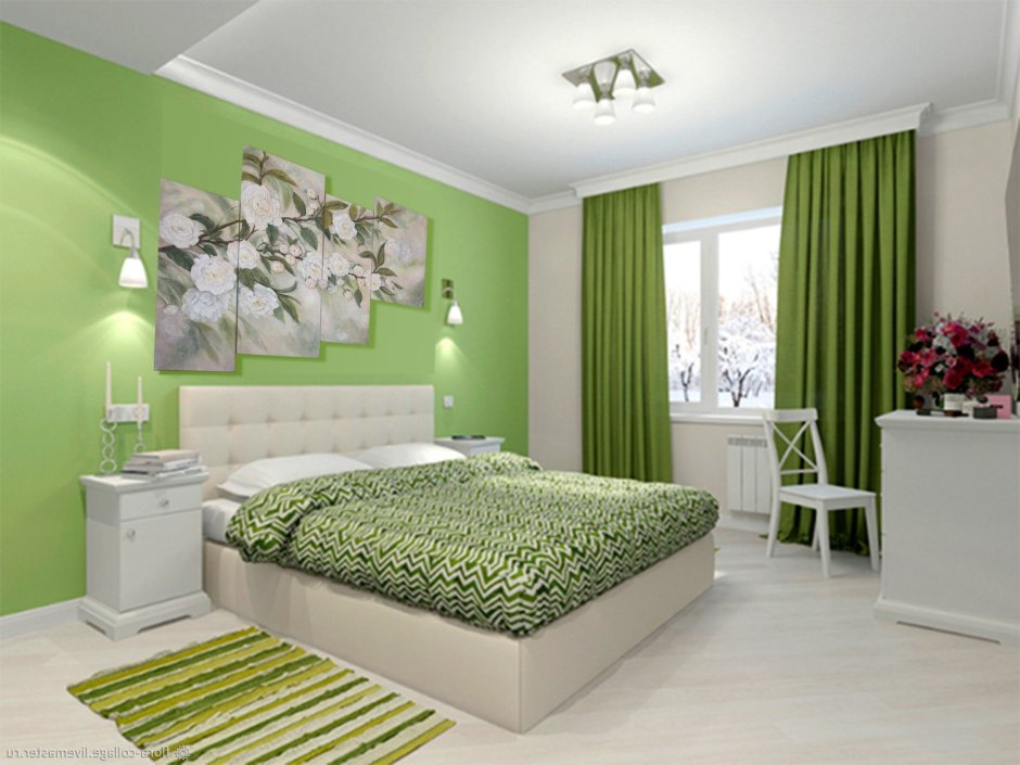 Зеленые стены в интерьере спальни (69 фото)