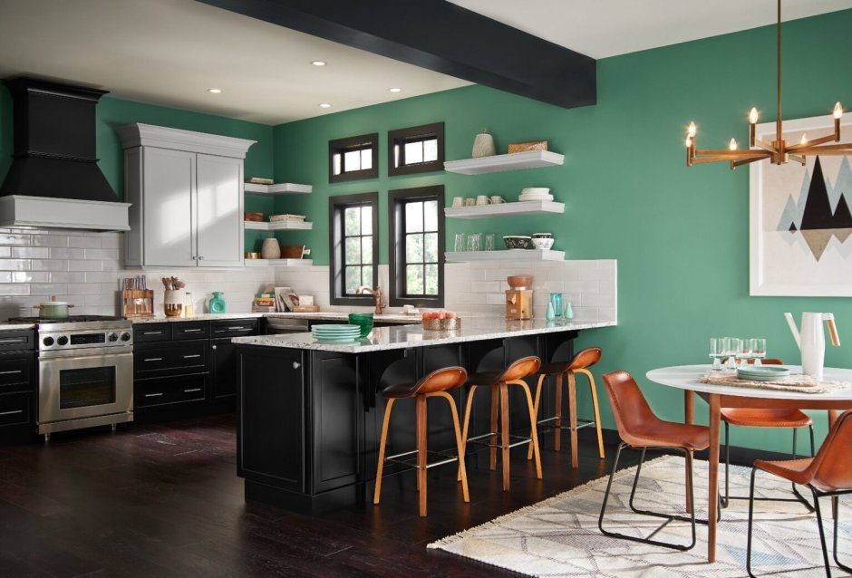 Зеленый цвет стен на кухне