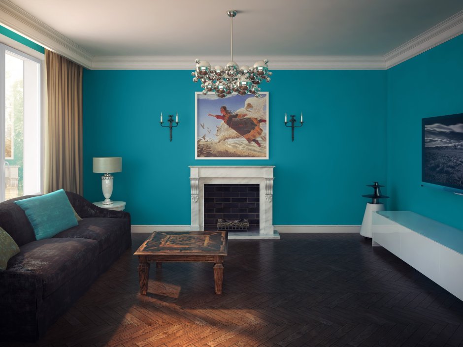 Бирюзовый цвет стен в интерьере