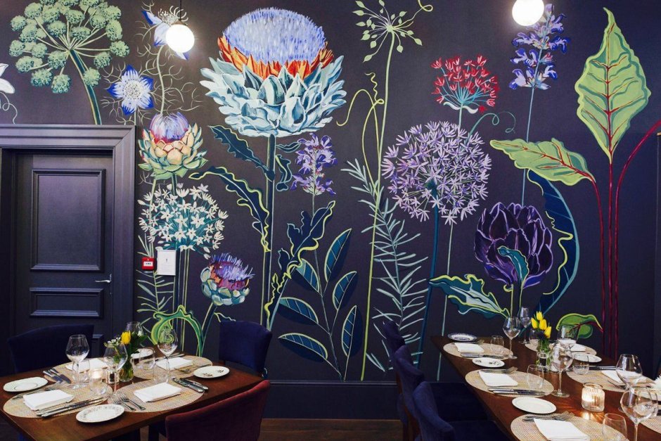 Роспись стен в кафе растения