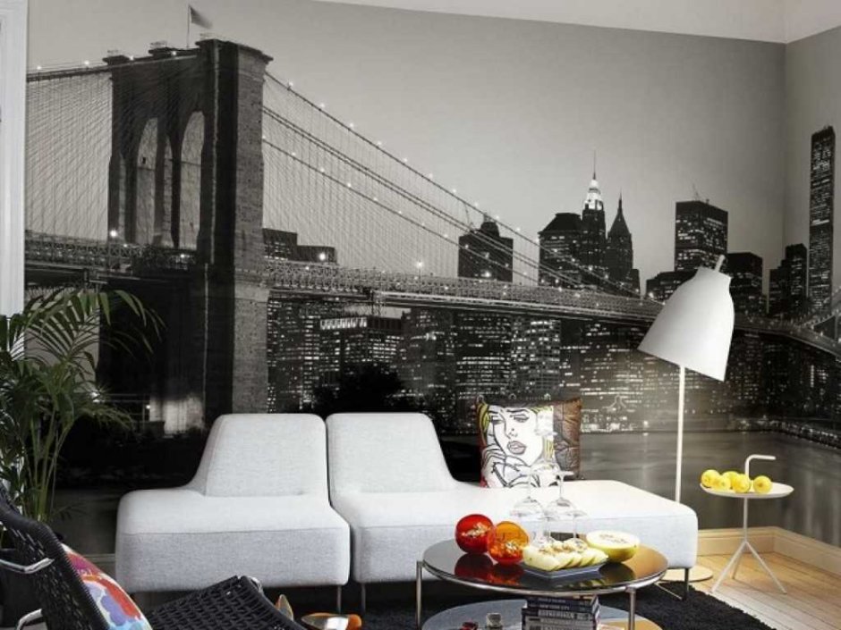 Фотообои Бруклинский мост черно белый в интерьере