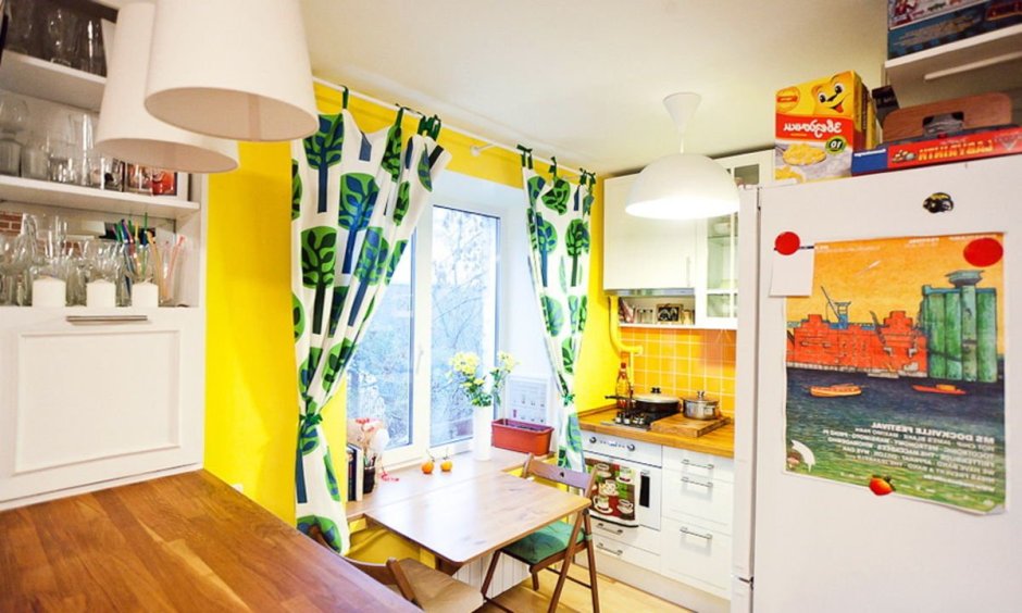 Желтый цвет стен на кухне (66 фото)