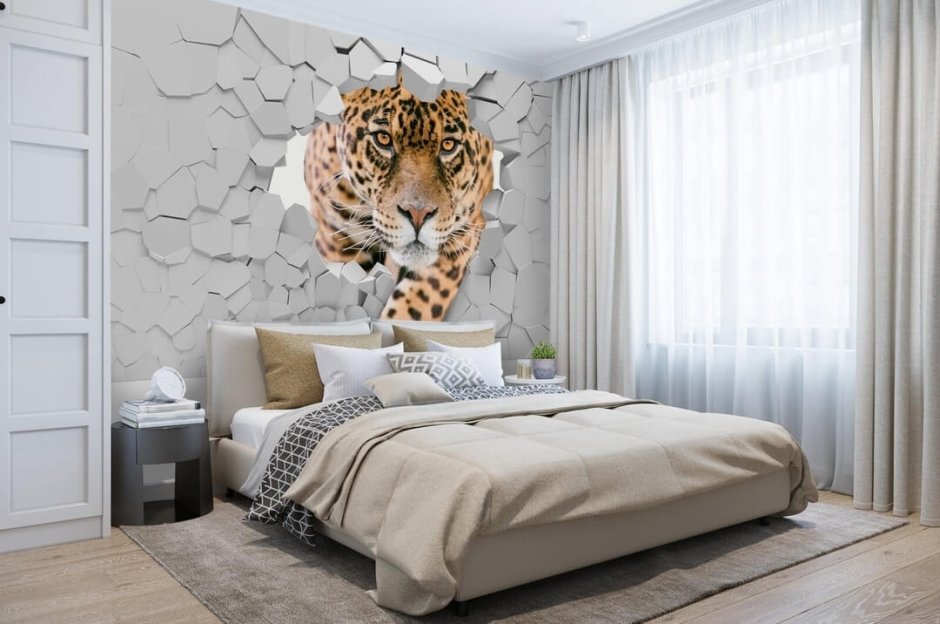 Интерьер комнаты с белым тигром