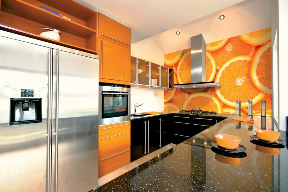 Кухонный гарнитур зеленый с оранжевым