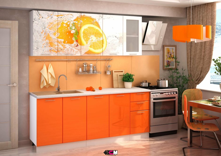 Оранжевый кухонный гарнитур и желтые стены