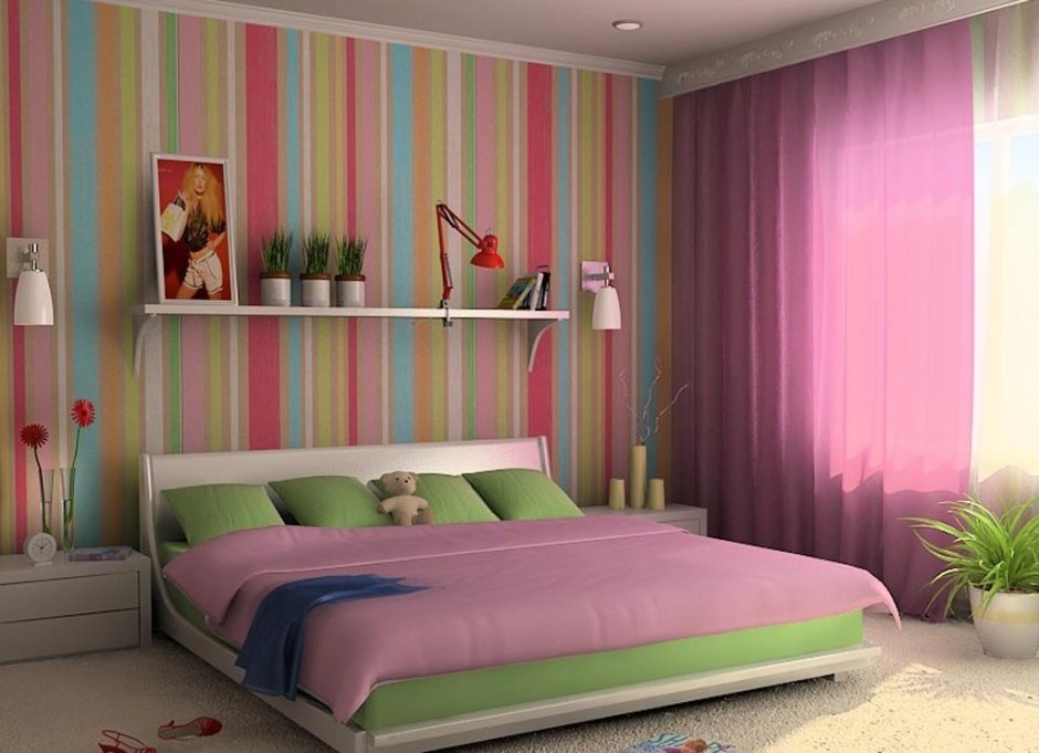 Спальня для девочек разноцветные полосатые