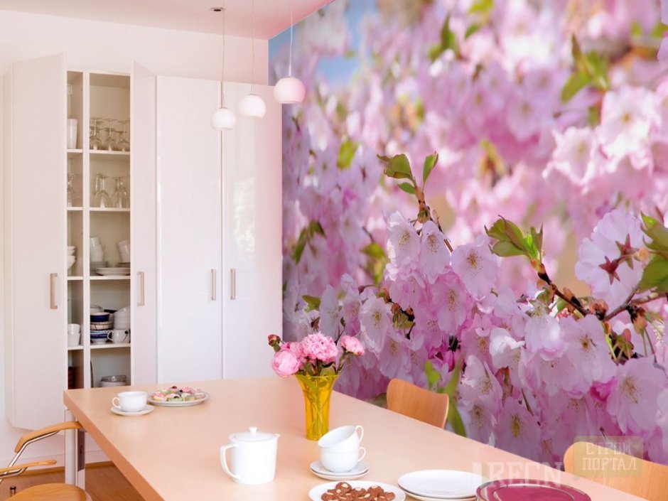Фотообои цветы в интерьере кухни